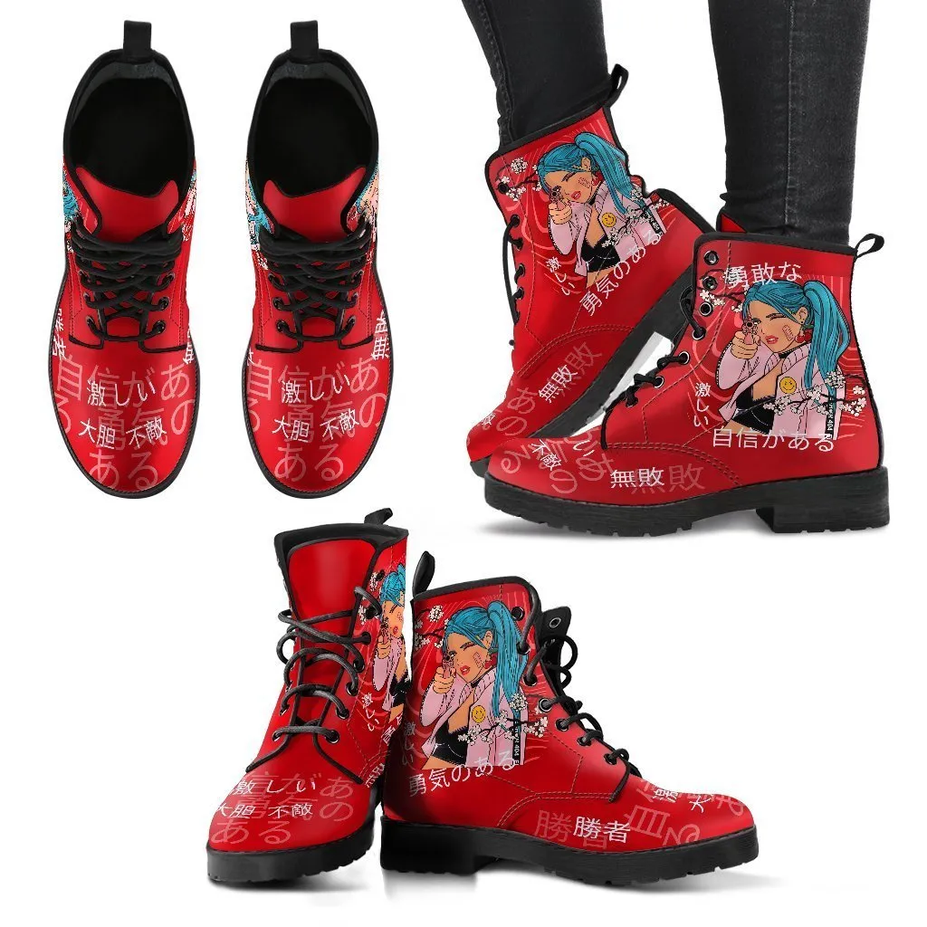 Anime Boots #6 - Red Combat Boots | Anime Custom Shoes, Vegan Leather Lace Up Boots, Handmade Boots, Women's Boots, Anime Shoes