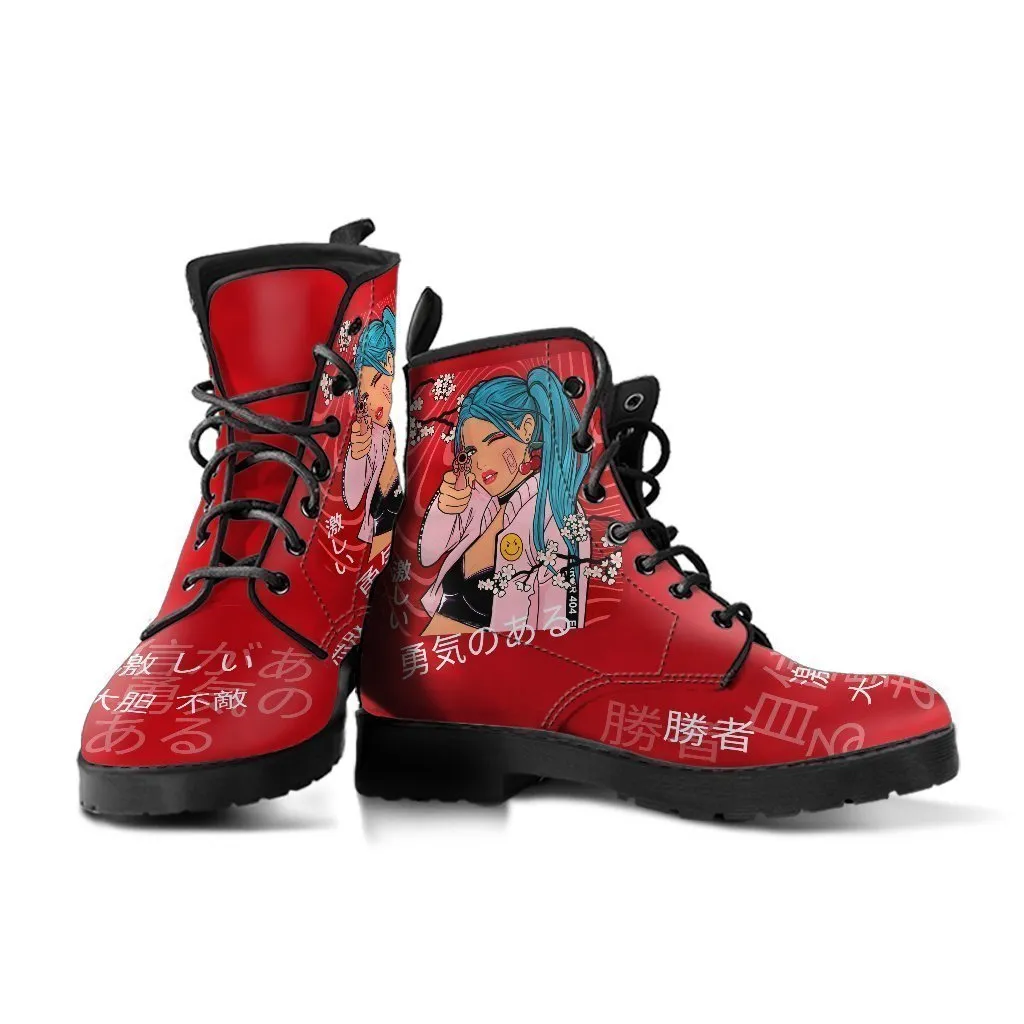 Anime Boots #6 - Red Combat Boots | Anime Custom Shoes, Vegan Leather Lace Up Boots, Handmade Boots, Women's Boots, Anime Shoes