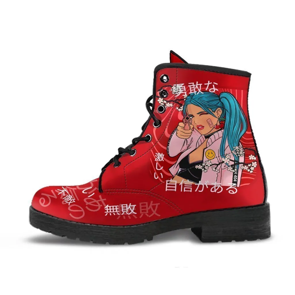 Anime Boots #6 - Red Combat Boots | Anime Custom Shoes, Vegan Leather Lace Up Boots, Handmade Boots, Women's Boots, Anime Shoes