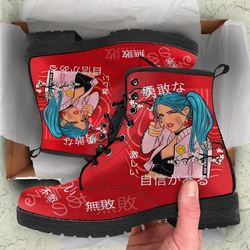 Anime Boots #6 - Red Combat Boots | Anime Custom Shoes, Vegan Leather Lace Up Boots, Handmade Boots, Women's Boots, Anime Shoes
