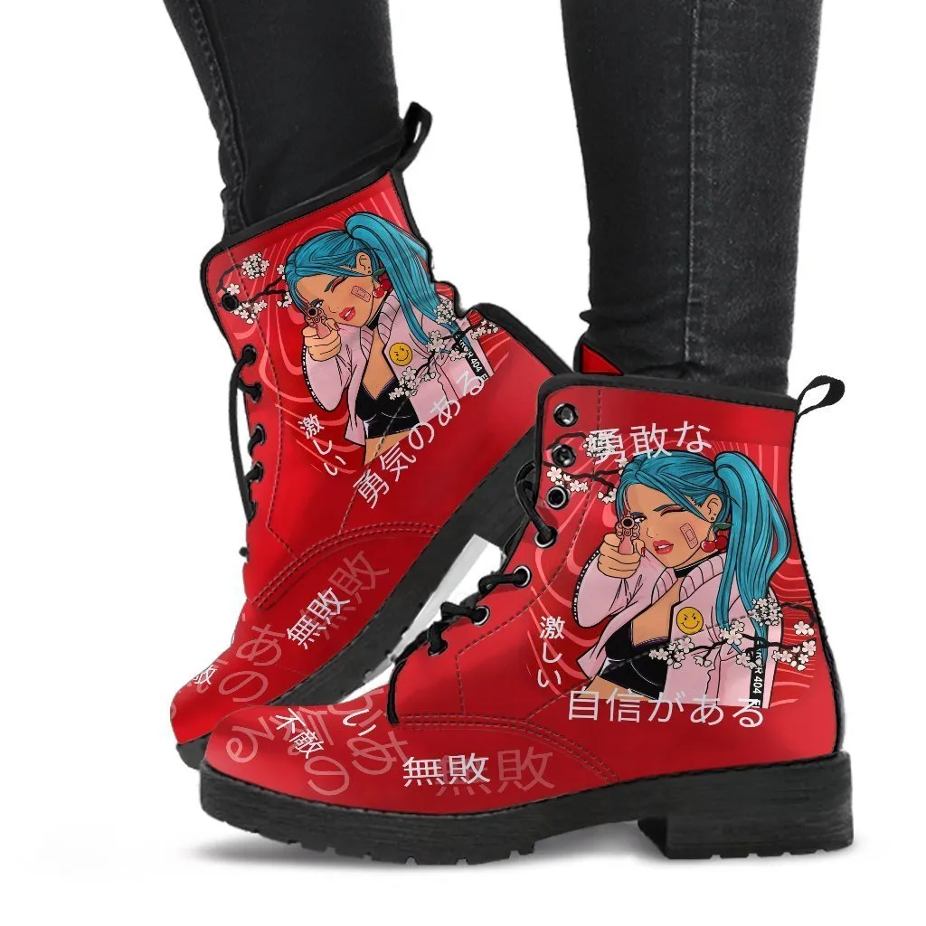 Anime Boots #6 - Red Combat Boots | Anime Custom Shoes, Vegan Leather Lace Up Boots, Handmade Boots, Women's Boots, Anime Shoes