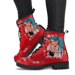 Anime Boots #6 - Red Combat Boots | Anime Custom Shoes, Vegan Leather Lace Up Boots, Handmade Boots, Women's Boots, Anime Shoes