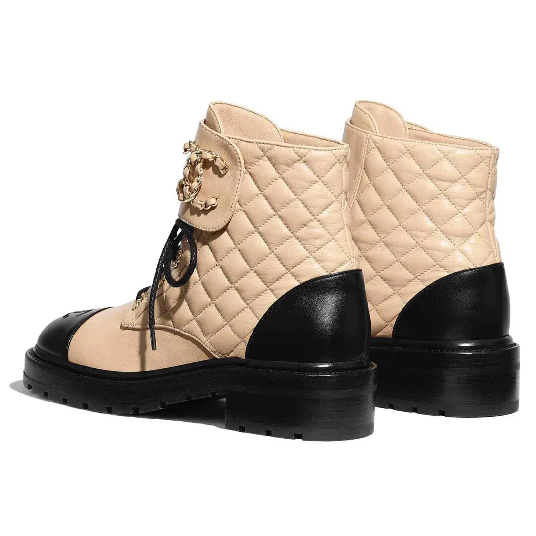 CHANEL QUILTED LAMBSKIN CC CHAIN COMBAT BOOTS