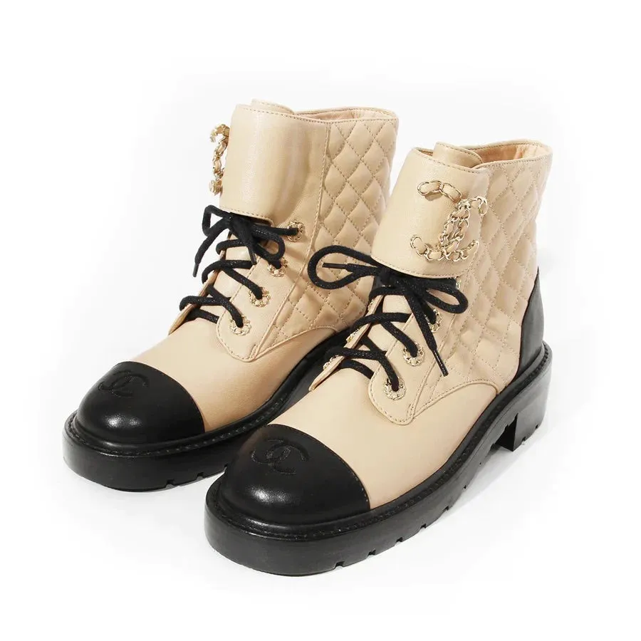 CHANEL QUILTED LAMBSKIN CC CHAIN COMBAT BOOTS