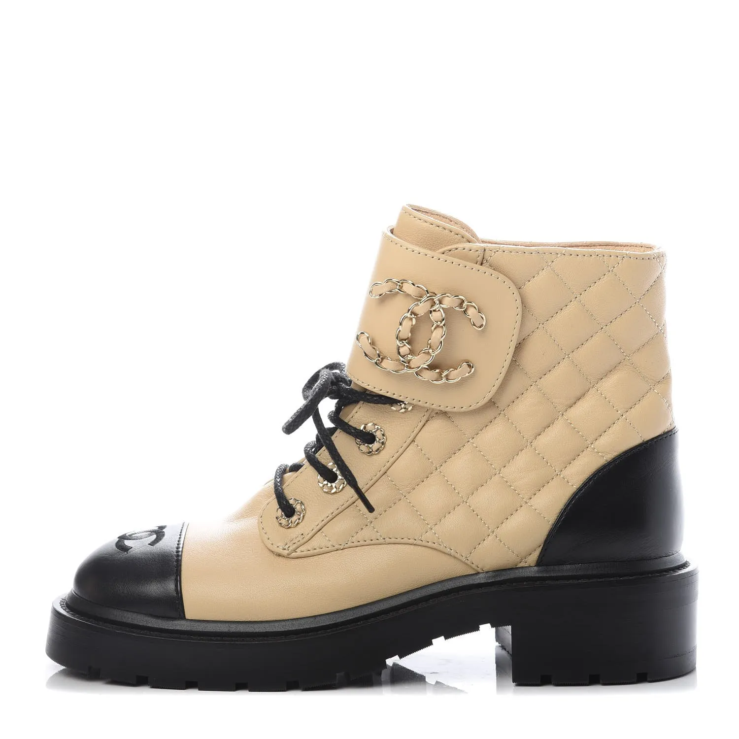 CHANEL QUILTED LAMBSKIN CC CHAIN COMBAT BOOTS