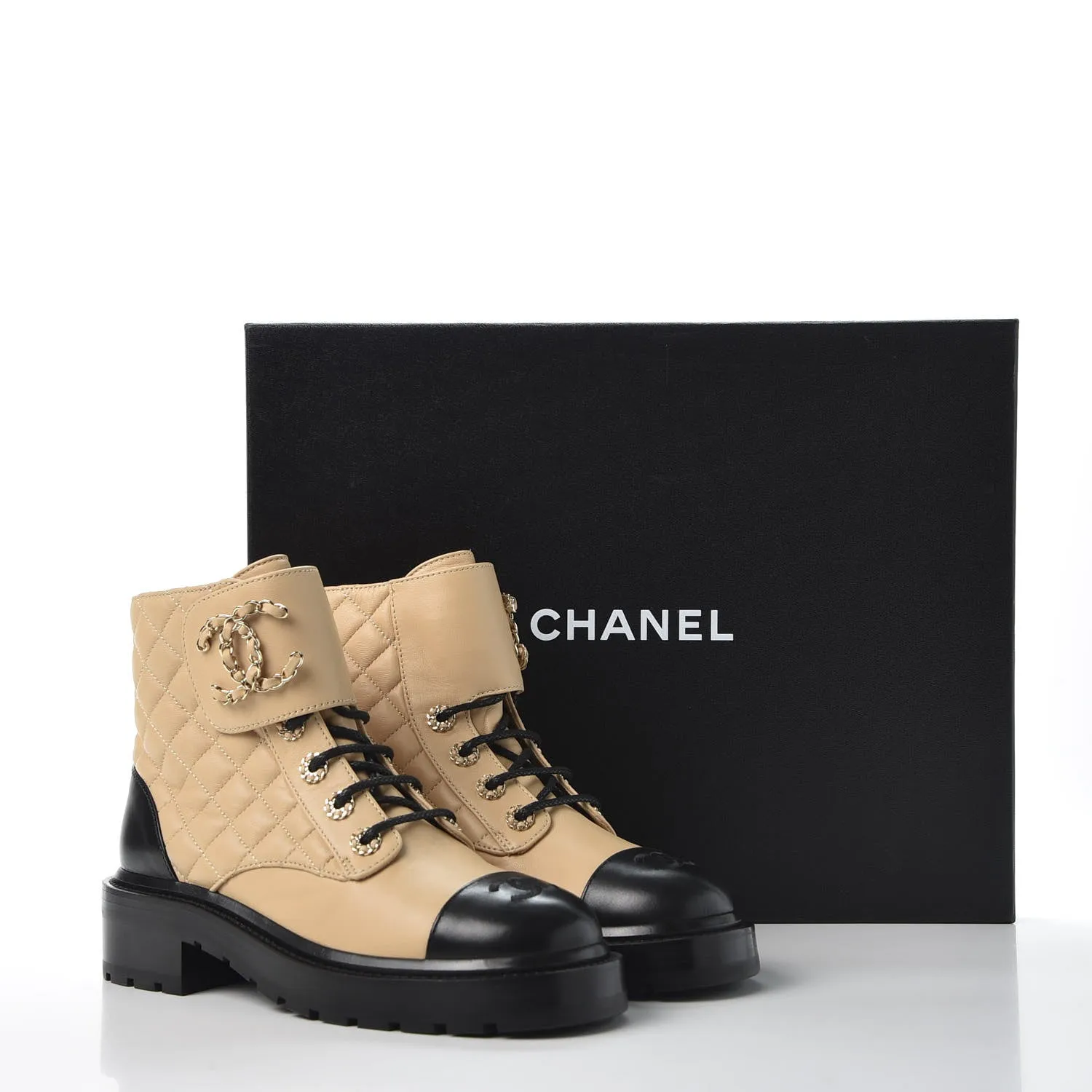 CHANEL QUILTED LAMBSKIN CC CHAIN COMBAT BOOTS