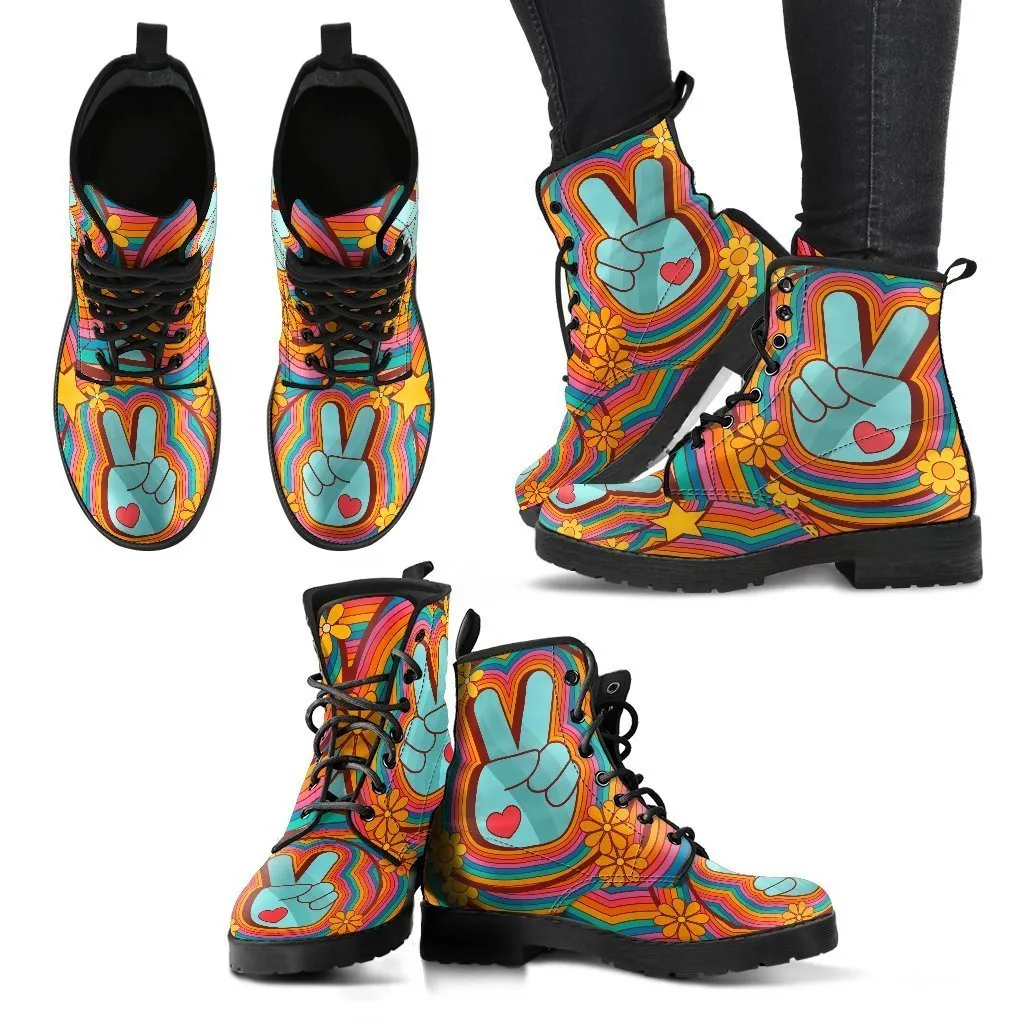 Combat Boots - 70s Psychedelic Style #1 | Custom Shoes, Lace Up Combat Boots, Combat Boots Women, Handmade Boots, Vegan Shoes