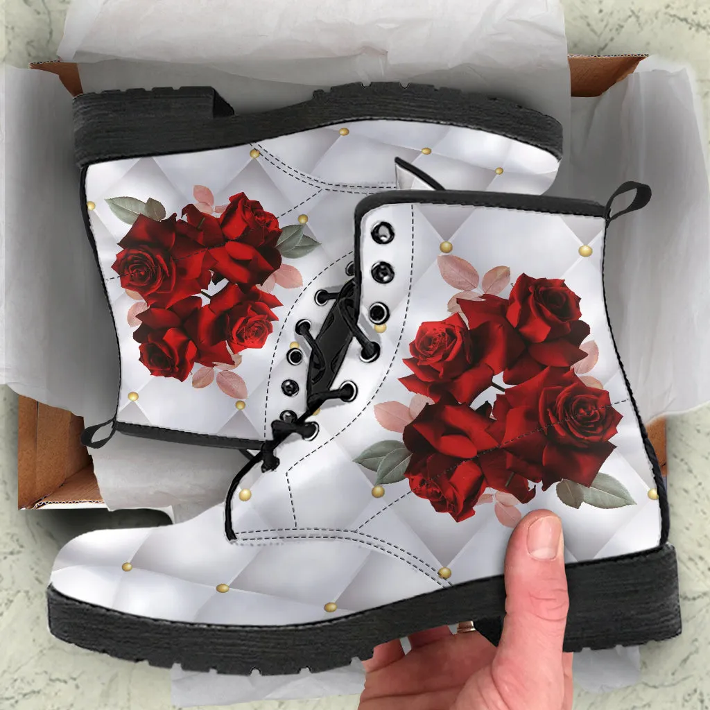 Combat Boots - Beautiful Red Roses #103 | Boho Shoes, Handmade Lace Up Boots, Vegan Leather Lace Up Boots Women
