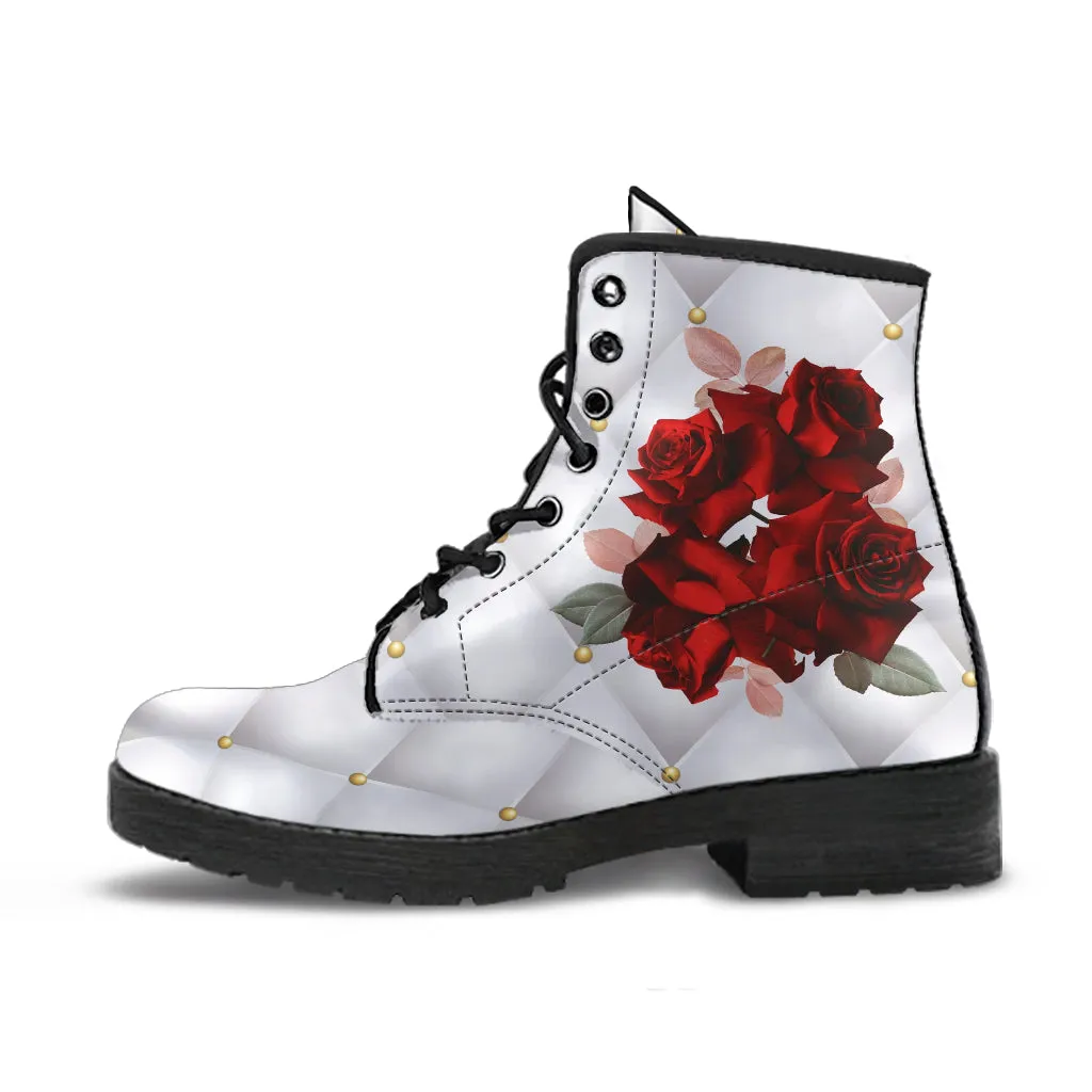 Combat Boots - Beautiful Red Roses #103 | Boho Shoes, Handmade Lace Up Boots, Vegan Leather Lace Up Boots Women