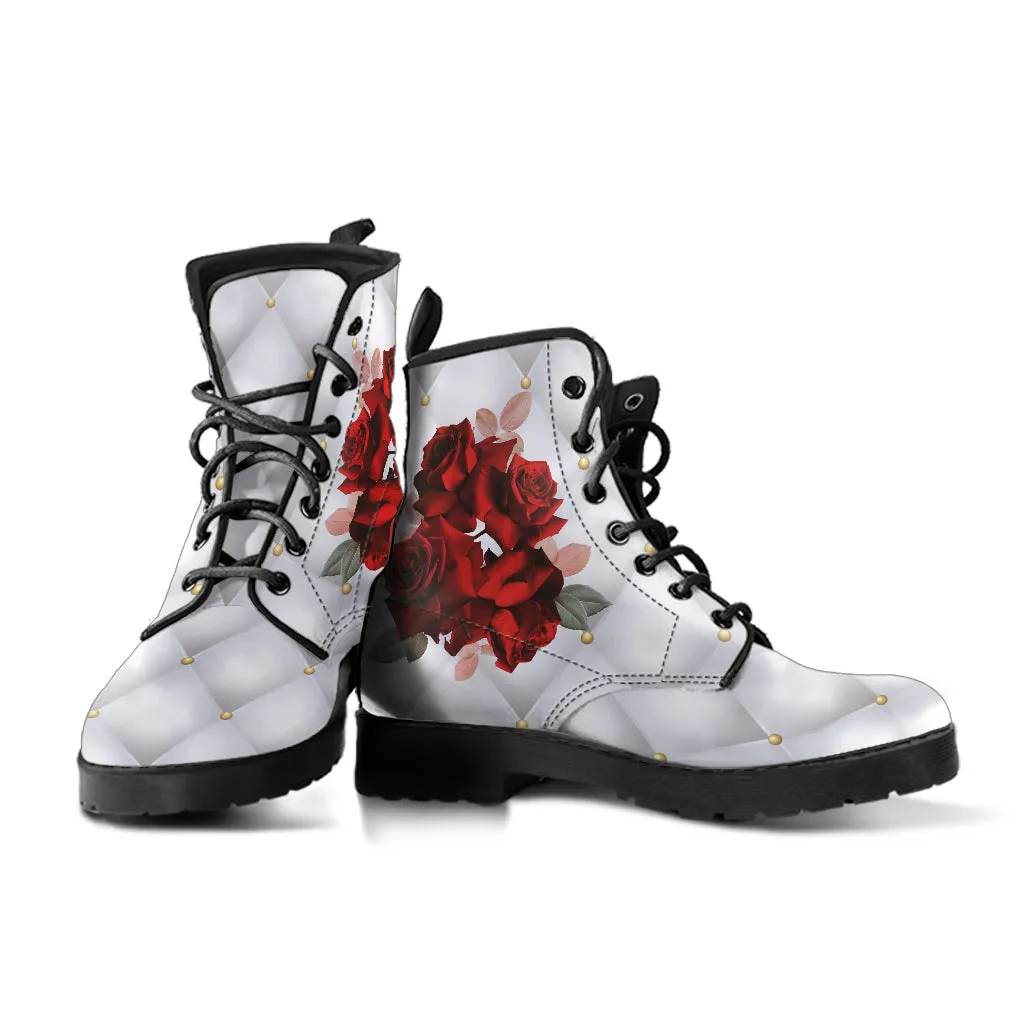 Combat Boots - Beautiful Red Roses #103 | Boho Shoes, Handmade Lace Up Boots, Vegan Leather Lace Up Boots Women
