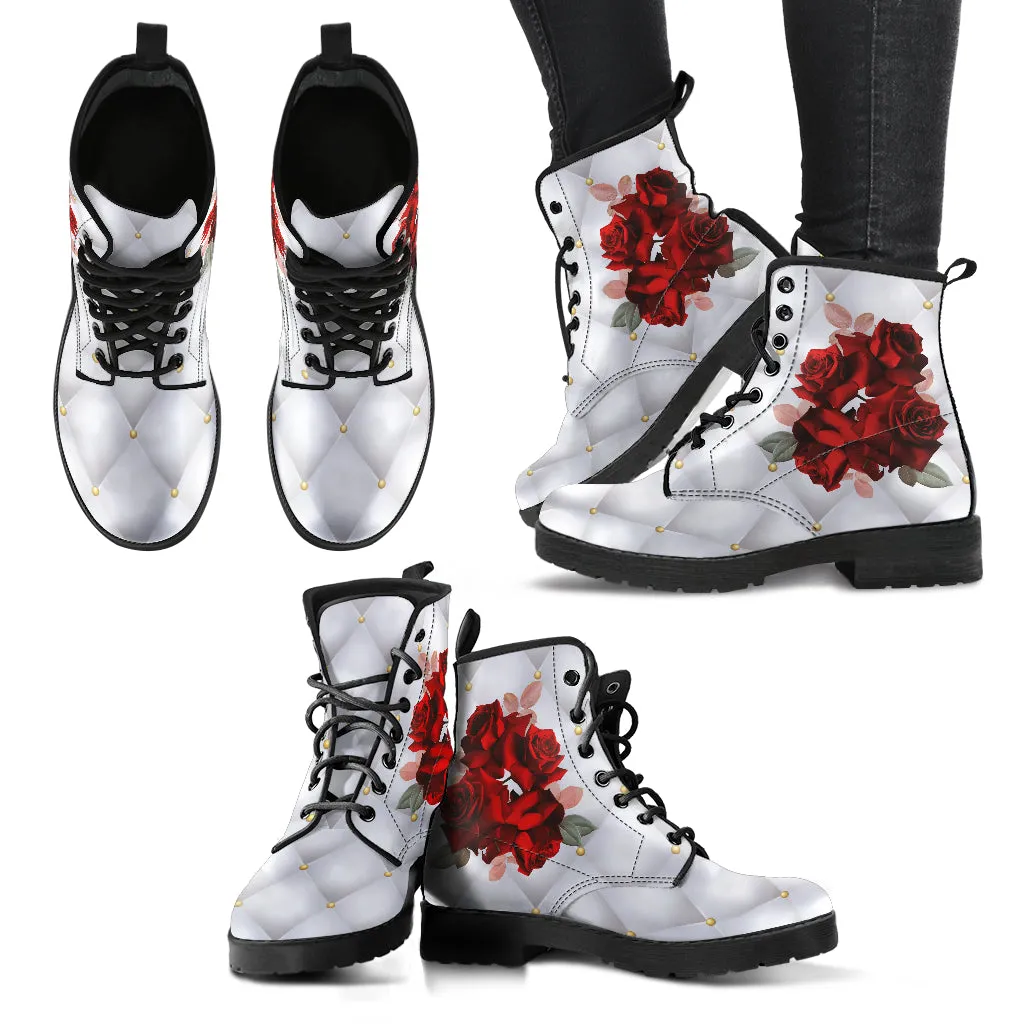 Combat Boots - Beautiful Red Roses #103 | Boho Shoes, Handmade Lace Up Boots, Vegan Leather Lace Up Boots Women