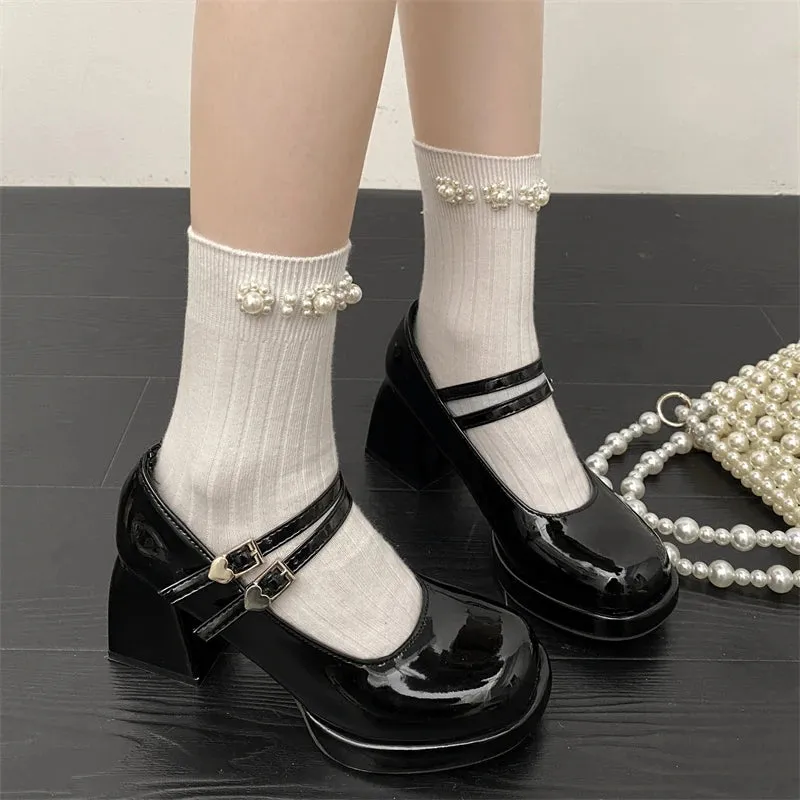 Hnzxzm Black Patent Leather Thick Heels Pumps Women Heart Buckle Platform Mary Jane Shoes Woman Fashion High Heeled Party Shoes Ladies