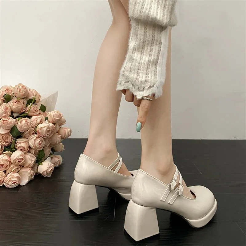 Hnzxzm Black Patent Leather Thick Heels Pumps Women Heart Buckle Platform Mary Jane Shoes Woman Fashion High Heeled Party Shoes Ladies