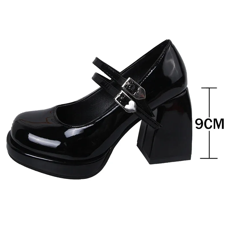 Hnzxzm Black Patent Leather Thick Heels Pumps Women Heart Buckle Platform Mary Jane Shoes Woman Fashion High Heeled Party Shoes Ladies