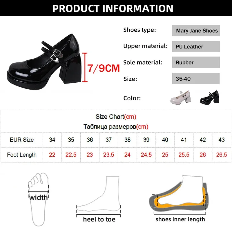 Hnzxzm Black Patent Leather Thick Heels Pumps Women Heart Buckle Platform Mary Jane Shoes Woman Fashion High Heeled Party Shoes Ladies