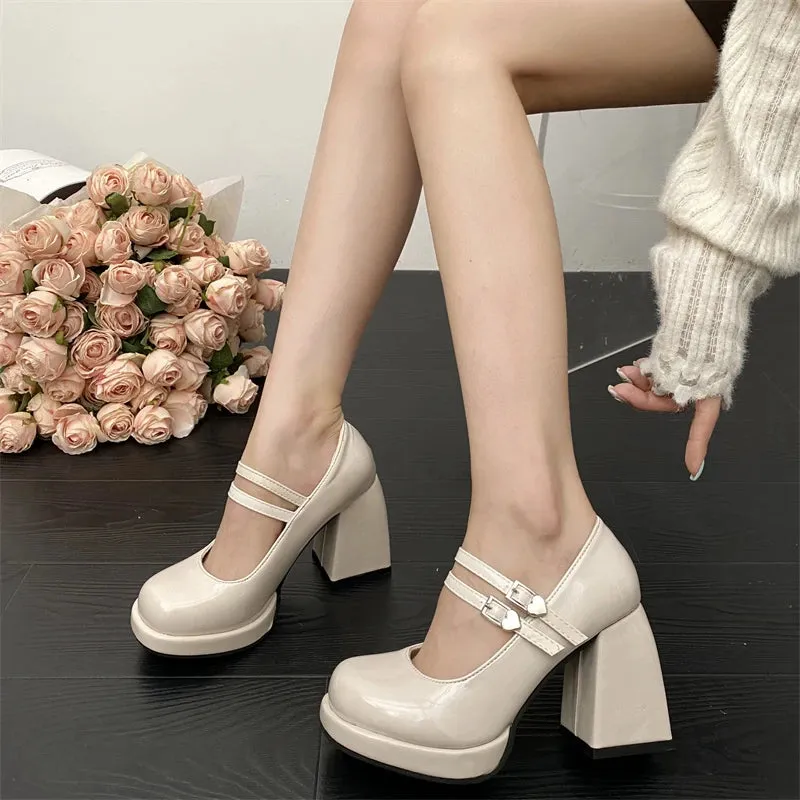 Hnzxzm Black Patent Leather Thick Heels Pumps Women Heart Buckle Platform Mary Jane Shoes Woman Fashion High Heeled Party Shoes Ladies