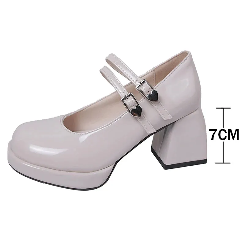 Hnzxzm Black Patent Leather Thick Heels Pumps Women Heart Buckle Platform Mary Jane Shoes Woman Fashion High Heeled Party Shoes Ladies