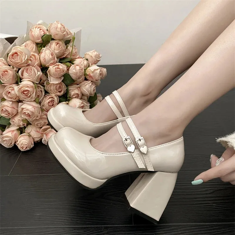 Hnzxzm Black Patent Leather Thick Heels Pumps Women Heart Buckle Platform Mary Jane Shoes Woman Fashion High Heeled Party Shoes Ladies
